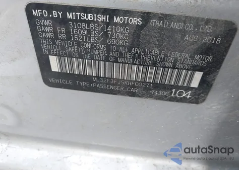 2019 Mitsubishi Mirage G4 Es from USA, damaged, VIN ML32F3FJ5KHF00271